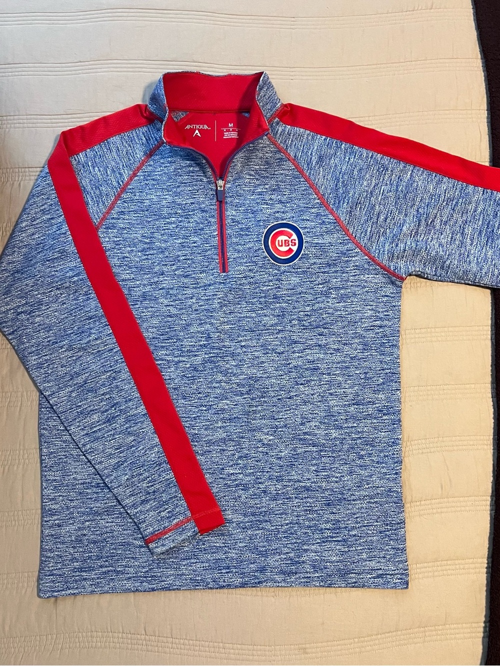 Chicago Cubs Antigua Men's Blue Heathered Quarter-Zip Pullover Red Accents